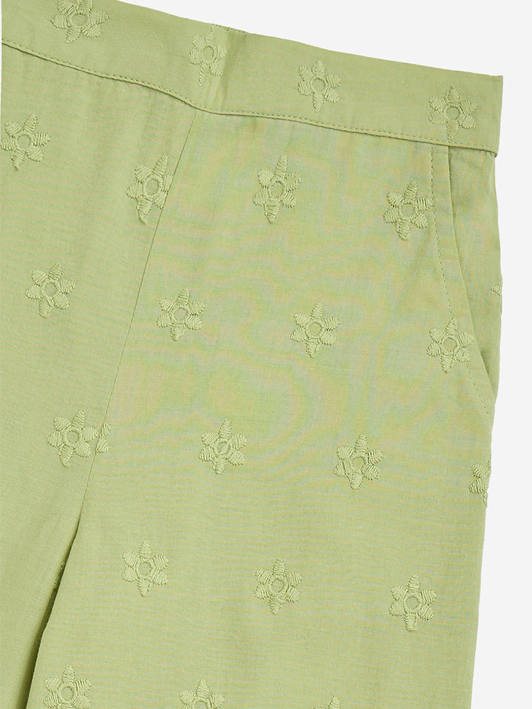 Westside Utsa Kids Sage Floral Embroidered High-Rise Cotton Ethnic Pants - (2-8yrs) for Ethnic Wear Zoomed View