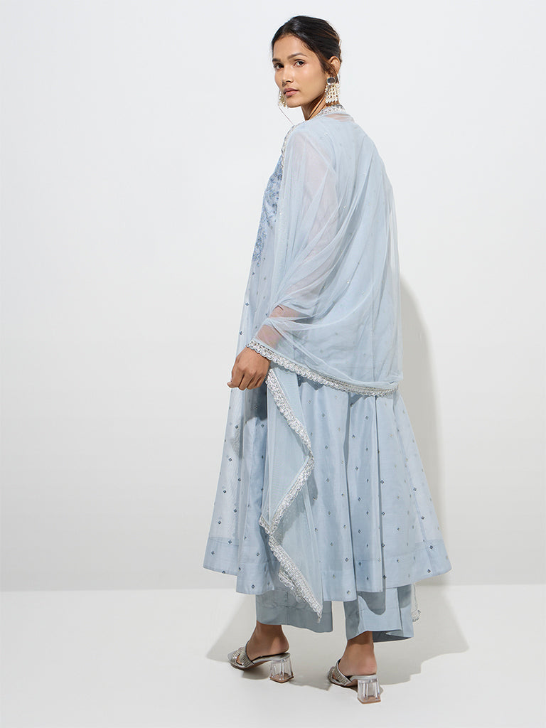 Westside Vark Women's Dusty Blue Cotton-Blend Fit-and-Flare Kurta, Pants and Dupatta Set for Festive Wear Back View