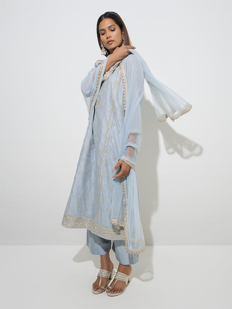 Buy Vark Light Blue Cotton-Blend Kurta, Palazzos Dupatta Set