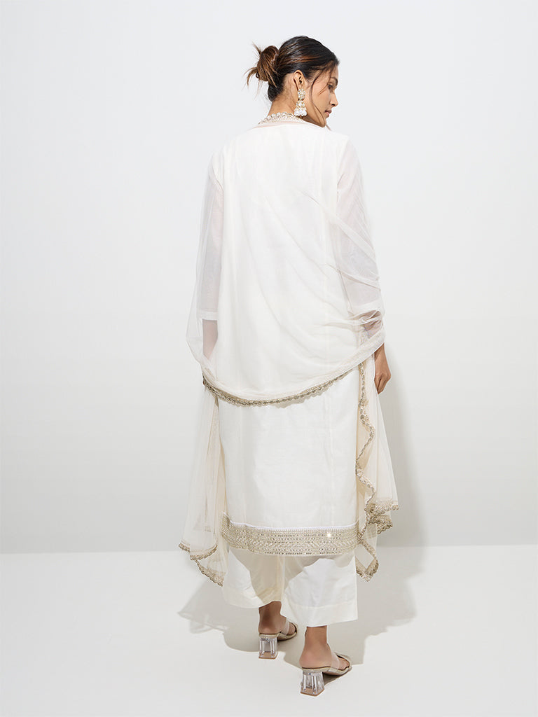 Westside Vark Women's Ivory Embroidered Straight Cotton-Blend Kurta, Pants and Dupatta Set for Festive Wear Back View