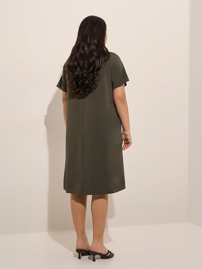 Westside Gia Women's Olive Solid Cotton-Blend A-Line Dress for Casual Wear Back View