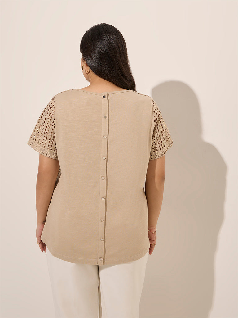 Westside Gia Women's Beige Laser-Cut Detailed Cotton Top for Casual Wear Back View