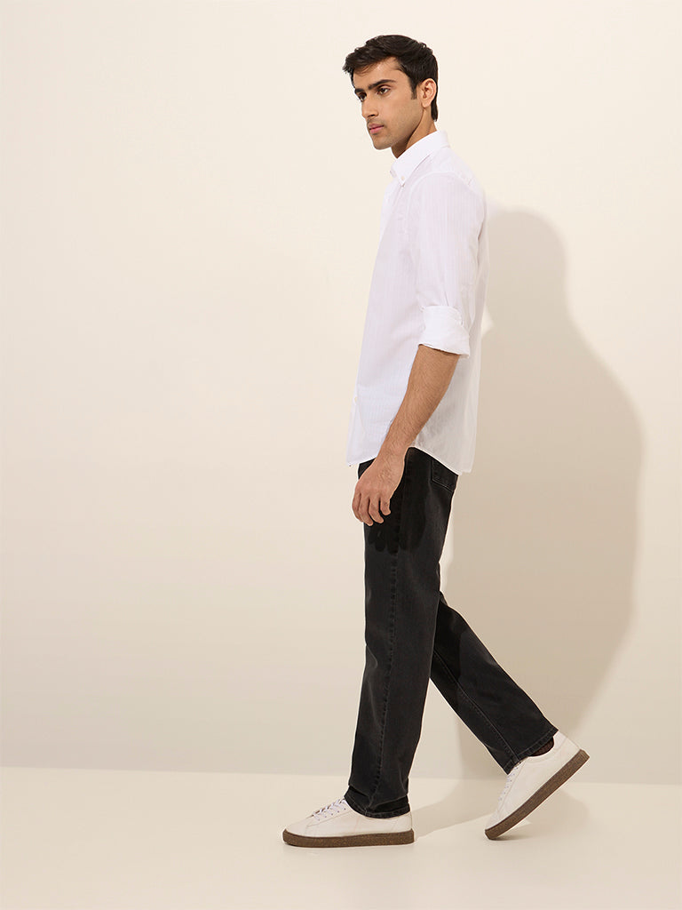 Westside Ascot Men's White Self-Striped Relaxed-Fit Cotton Shirt for Casual Wear Full View