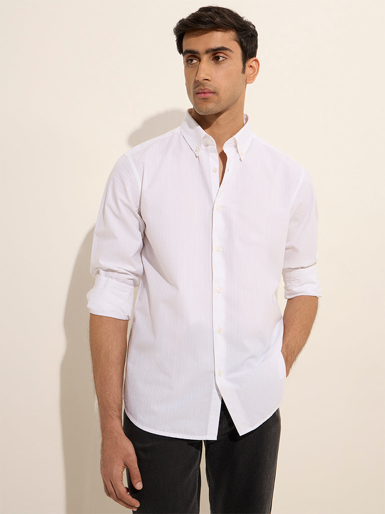 Westside Ascot Men's White Self-Striped Relaxed-Fit Cotton Shirt for Casual Wear Front View
