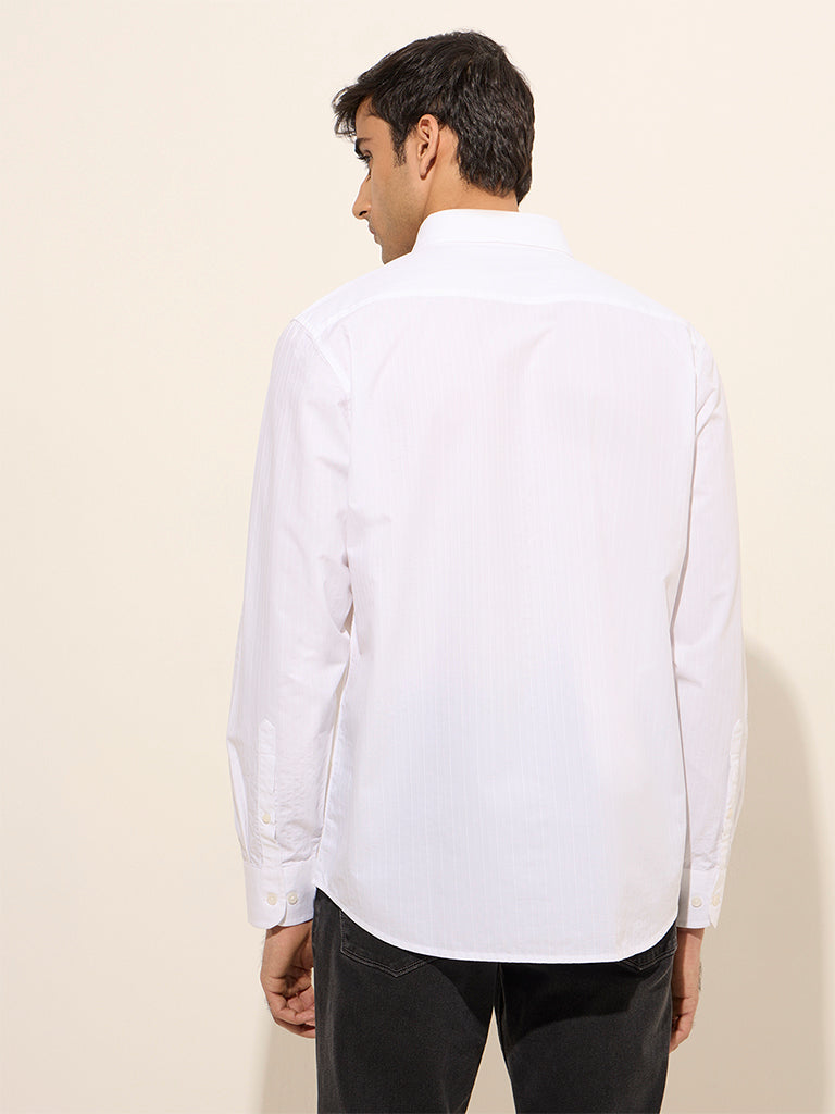 Westside Ascot Men's White Self-Striped Relaxed-Fit Cotton Shirt for Casual Wear Back View