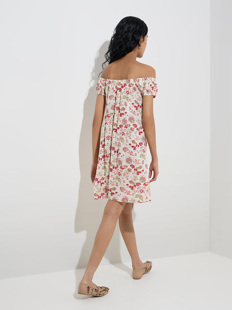 Westside Bombay Paisley Women's Off-White Floral Printed A-Line Dress for Everyday Back View