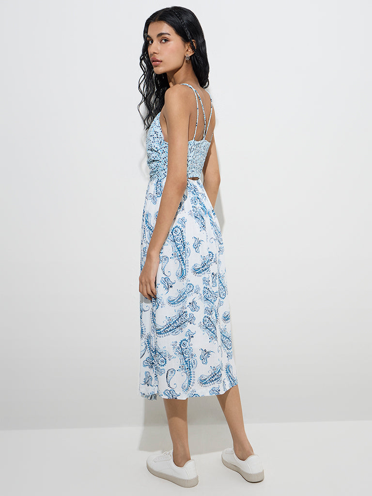 Westside Bombay Paisley Women's Blue Paisley Printed A-Line Dress for Everyday Back View