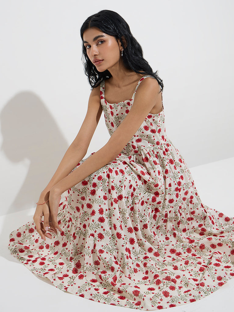 Buy Bombay Paisley White Cotton-Blend Tiered Dress with Jacket