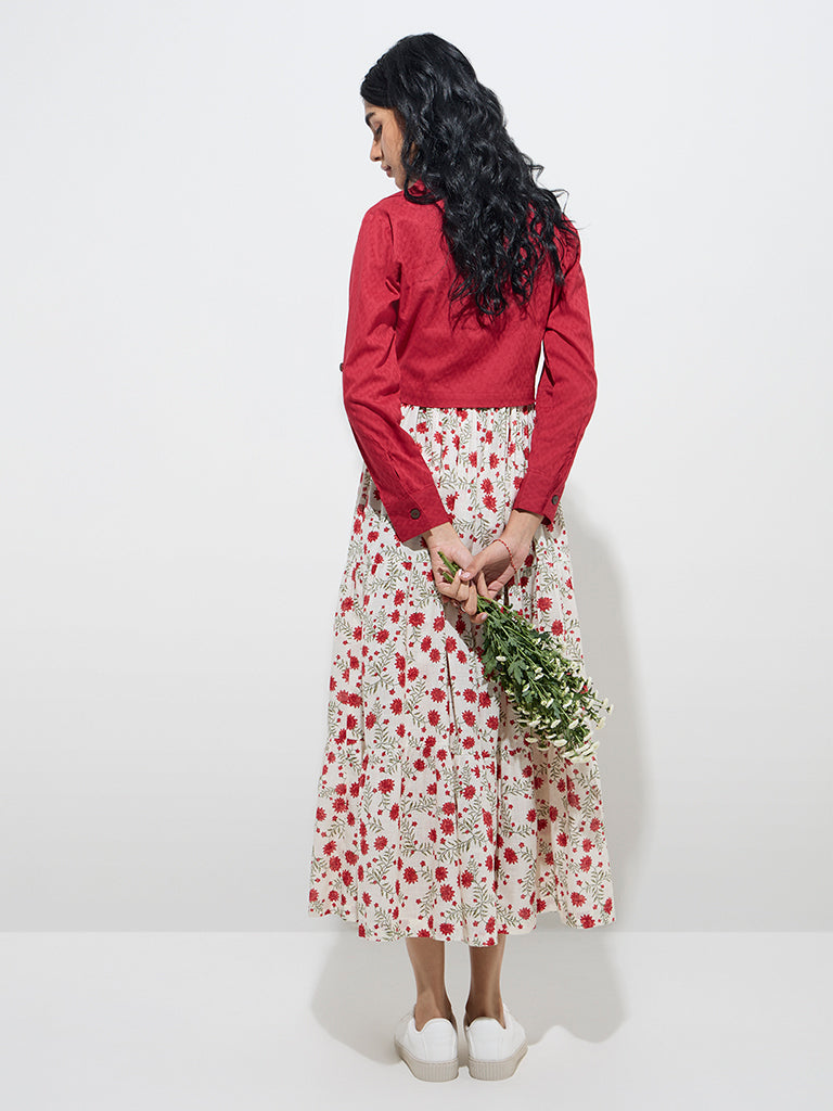 Westside Bombay Paisley Women's White Cotton-Blend Tiered Dress with Jacket for Everyday Back View