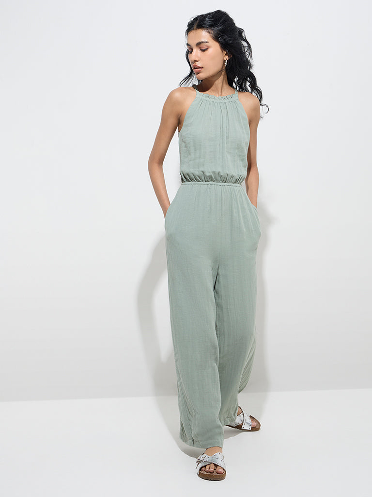 Bombay Paisley Sage Ruffle-Detailed Cotton Jumpsuit - Main Image