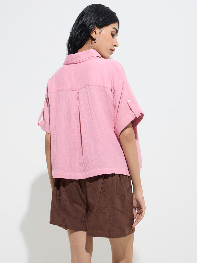 Westside Bombay Paisley Women's Pink Crinkle-Textured Cotton Shirt for Everyday Back View