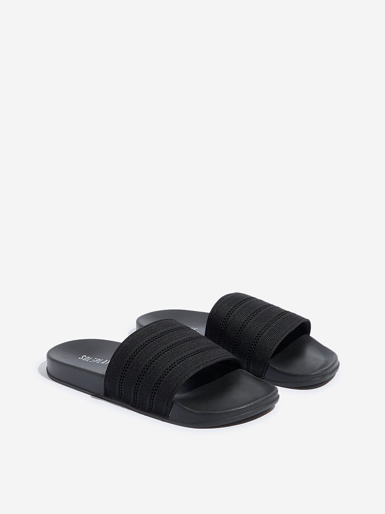 Westside SOLEPLAY Men's Black Perforated Striped Slides Front View