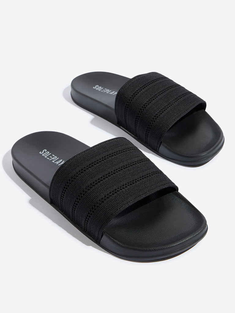 Westside SOLEPLAY Men's Black Perforated Striped Slides Zoomed View