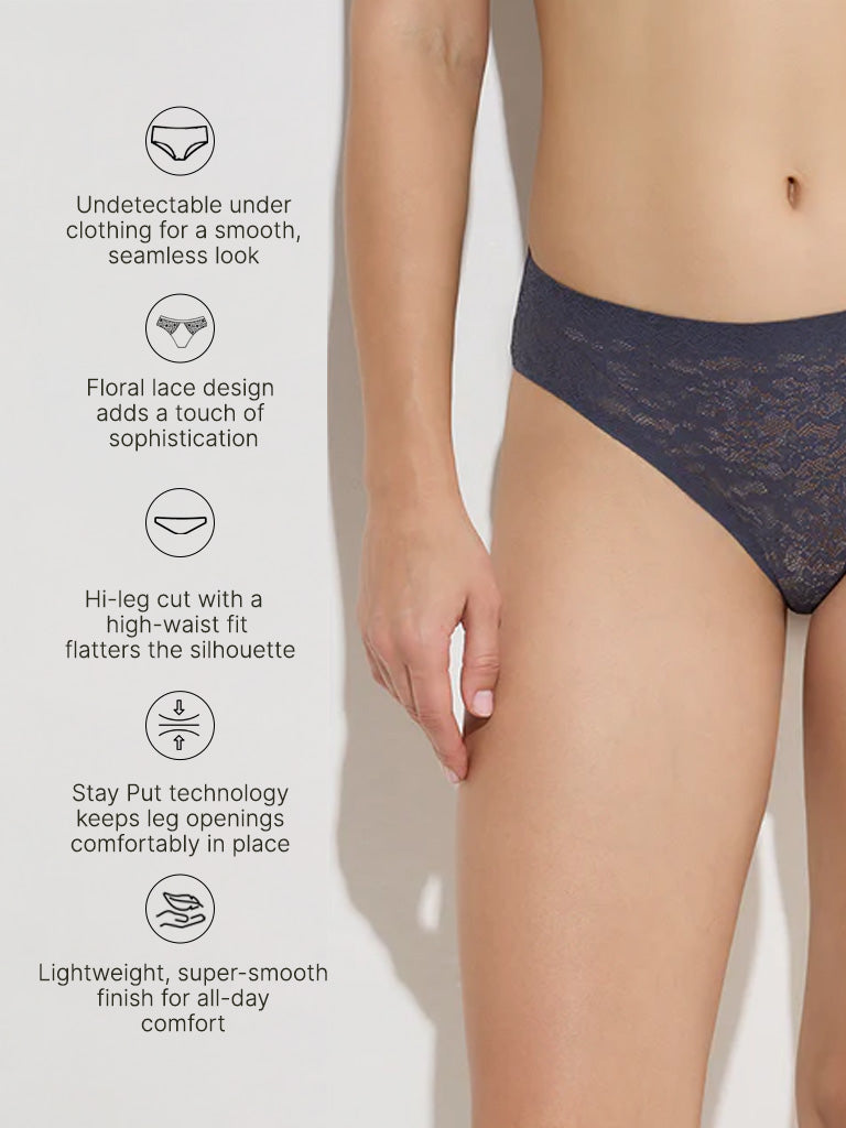 Wunderlove Charcoal Floral Lace Invisible Hi-Leg Brief