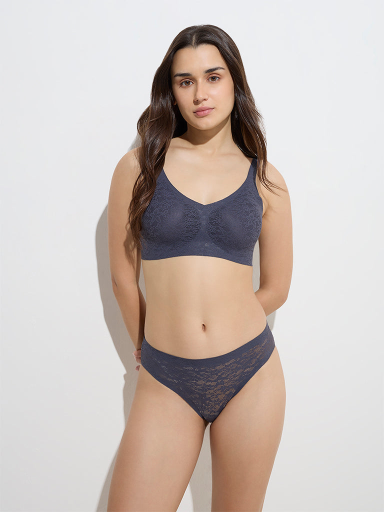 Wunderlove Charcoal Floral Lace Invisible Hi-Leg Brief