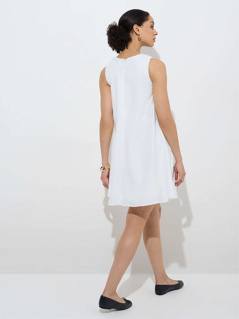 Westside Wardrobe Women's Off-White Floral Patterned A-Line Dress for Work Wear Back View