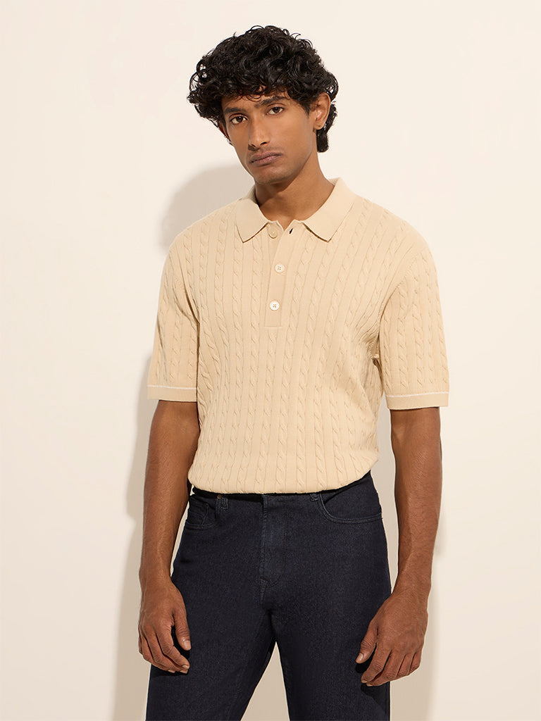 Westside Ascot Men's Beige Cable Knitted Cotton-Blend Polo T-Shirt for Casual Wear Front View