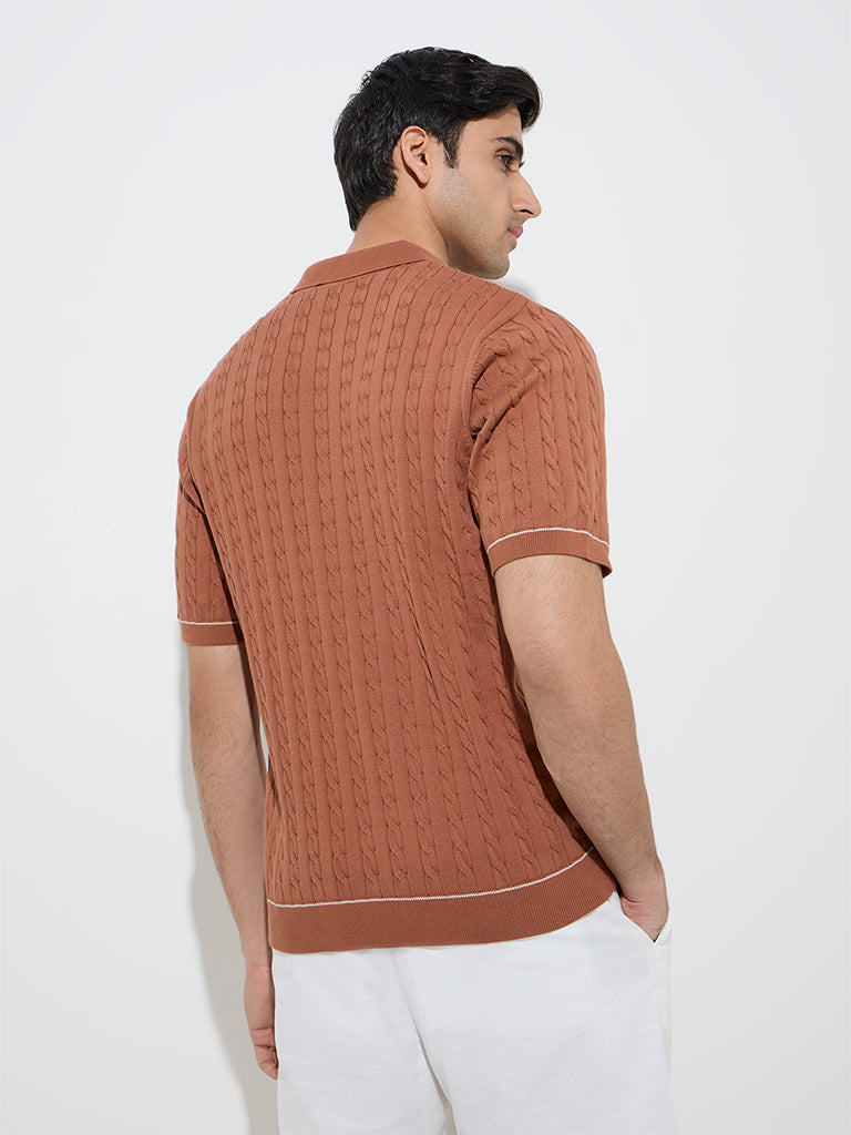 Westside Ascot Men's Rust Knitted Relaxed-Fit Cotton-Blend Polo T-Shirt for Casual Wear Back View