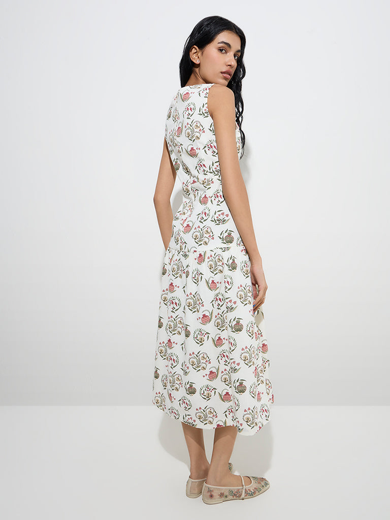 Westside Bombay Paisley Women's Off-White Printed Cotton-Blend A-Line Dress for Everyday Back View