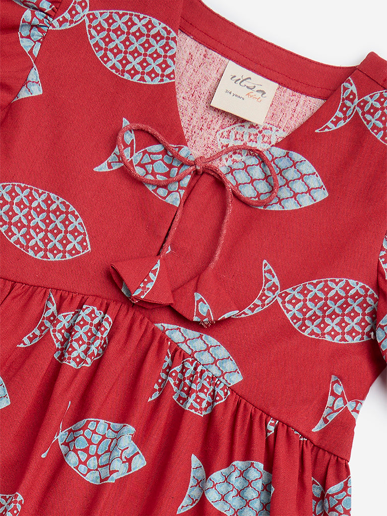 Westside Utsa Kids Red Marine-Inspired Cotton-Blend A-Line Dress - (2-8yrs) for Ethnic Wear Zoomed View