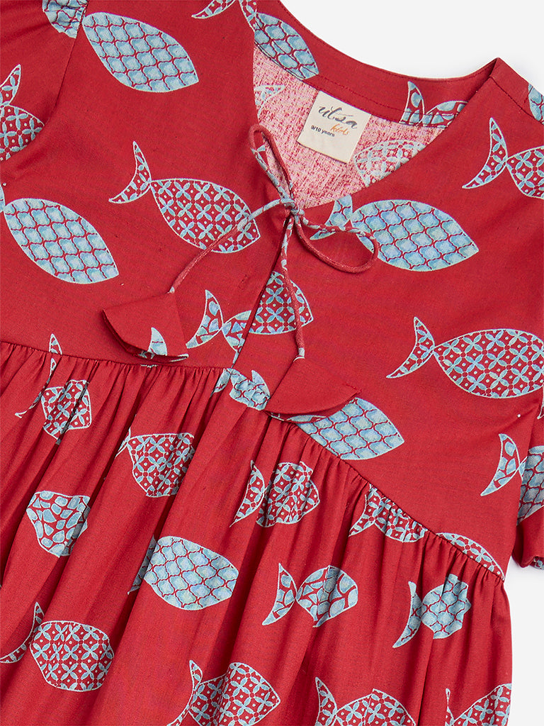 Westside Utsa Kids Red Marine-Inspired Cotton-Blend A-Line Dress - (8-14yrs) for Ethnic Wear Zoomed View
