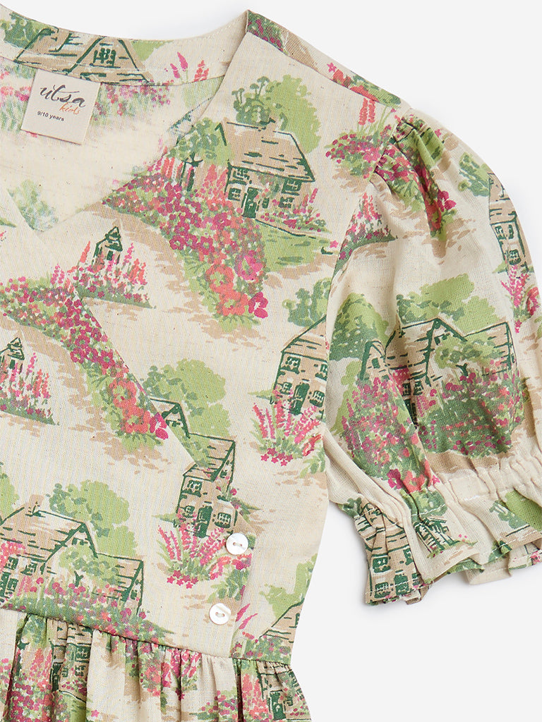 Westside Utsa Kids Off-White Scenic Printed Cotton-Blend A-Line Dress - (8-14yrs) for Ethnic Wear Zoomed View