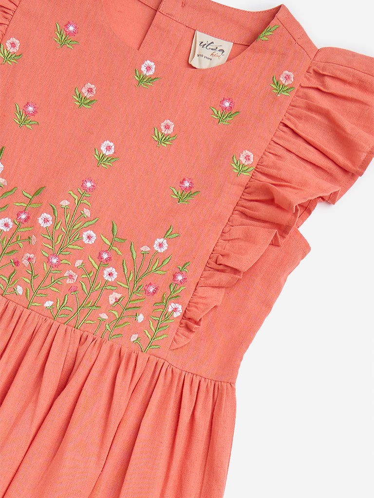 Westside Utsa Kids Coral Floral Embroidered Cotton-Blend Tiered Dress - (8-14yrs) for Ethnic Wear Zoomed View