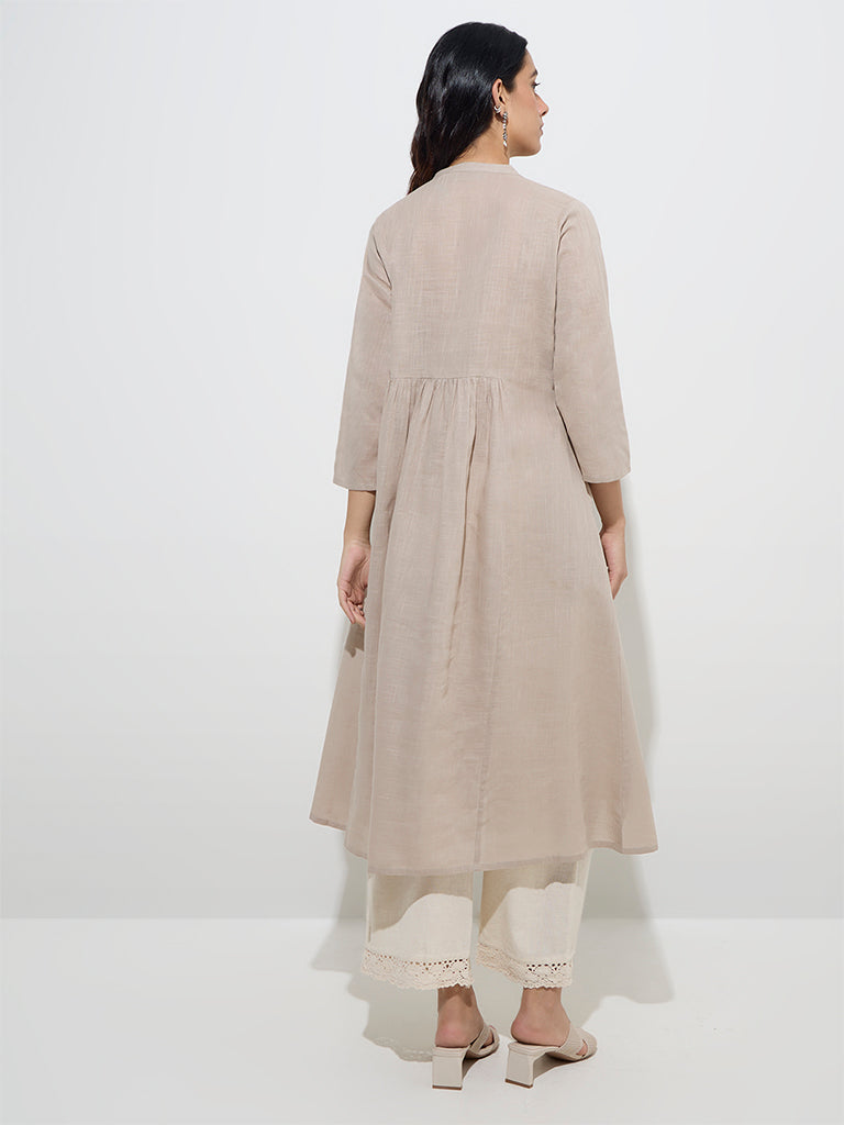 Westside Utsa Women's Taupe Mirror-Work Cotton A-Line Kurta for Work Wear Back View