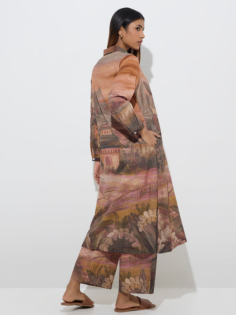 Westside Utsa Women's Brown Scenic Design A-Line Cotton-Blend Kurta for Work Wear Back View