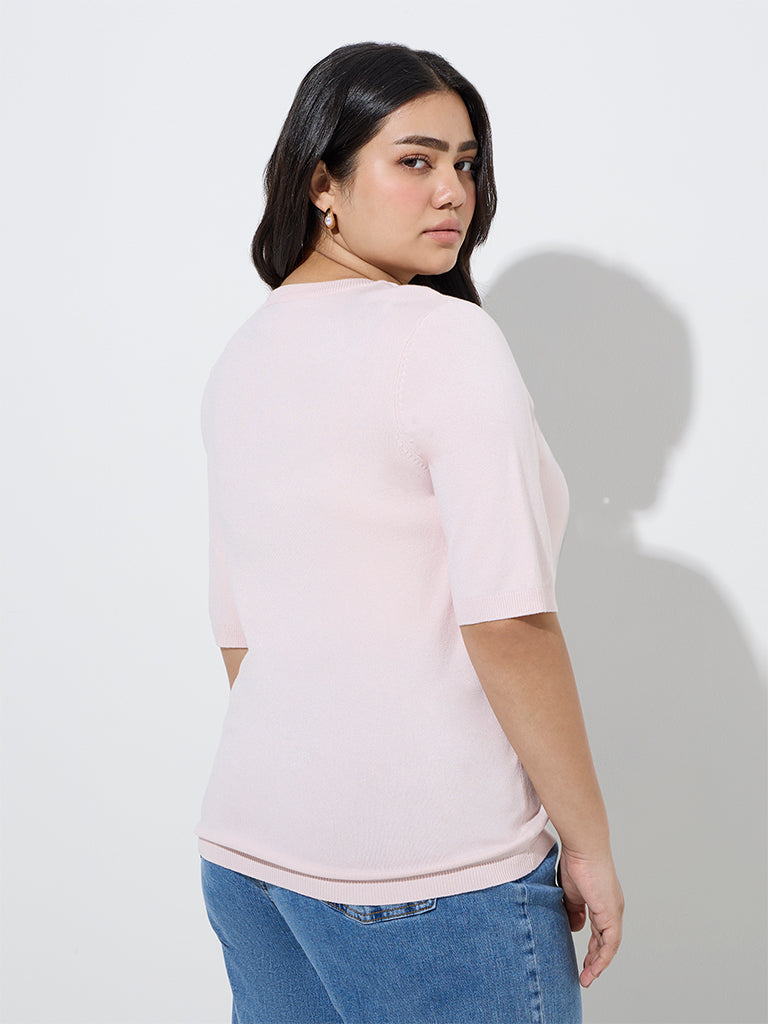 Westside Gia Women's Light Pink Solid Knitted T-Shirt for Casual Wear Back View
