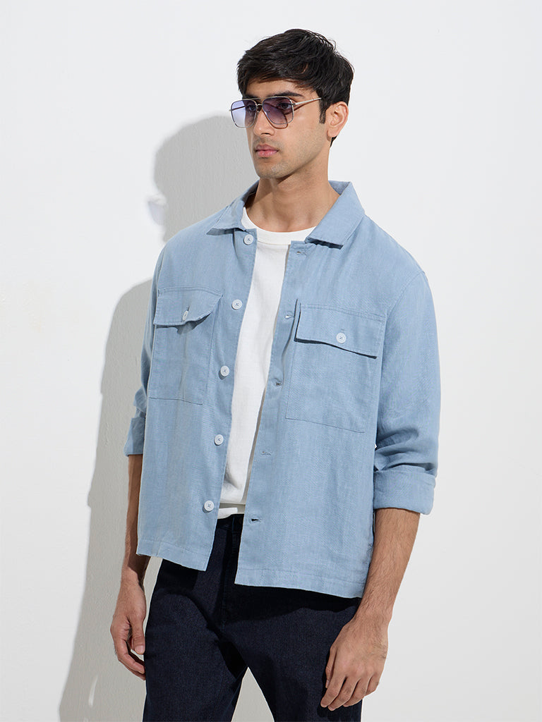 Westside Ascot Men's Dusty Blue Solid Relaxed-Fit Linen Jacket for Casual Wear Front View