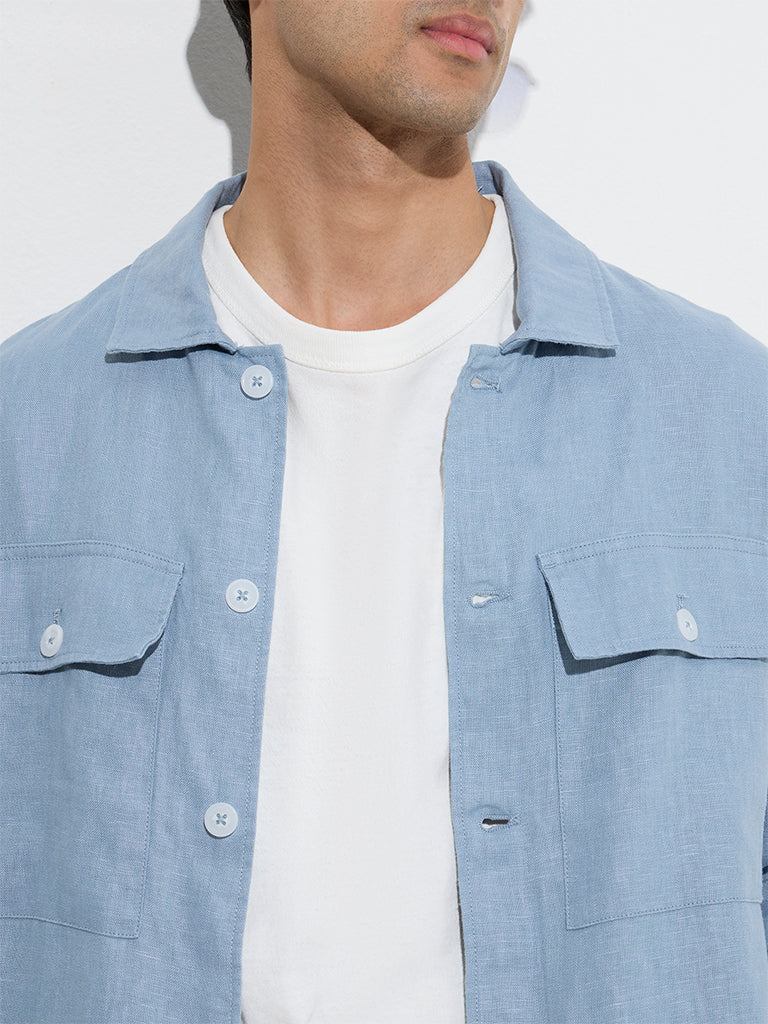 Westside Ascot Men's Dusty Blue Solid Relaxed-Fit Linen Jacket for Casual Wear Zoom View