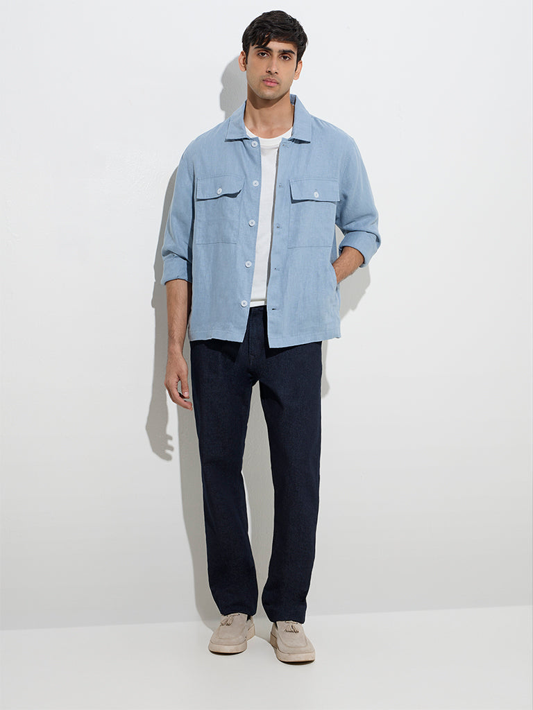 Westside Ascot Men's Dusty Blue Solid Relaxed-Fit Linen Jacket for Casual Wear Full Model View