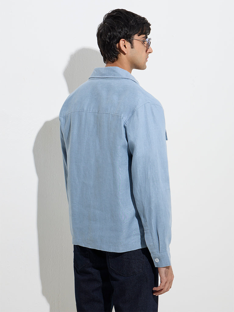 Westside Ascot Men's Dusty Blue Solid Relaxed-Fit Linen Jacket for Casual Wear Back View