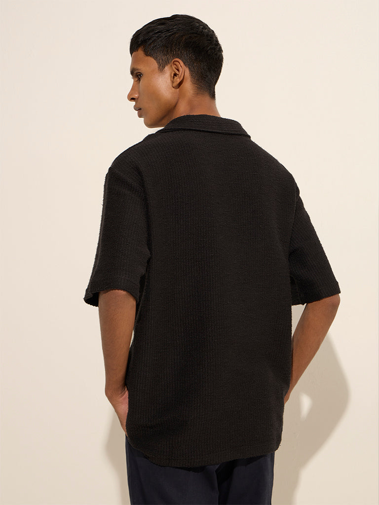 Westside ETA Men's Black Knit-Textured Relaxed-Fit Cotton Polo T-Shirt for Casual Wear Back View