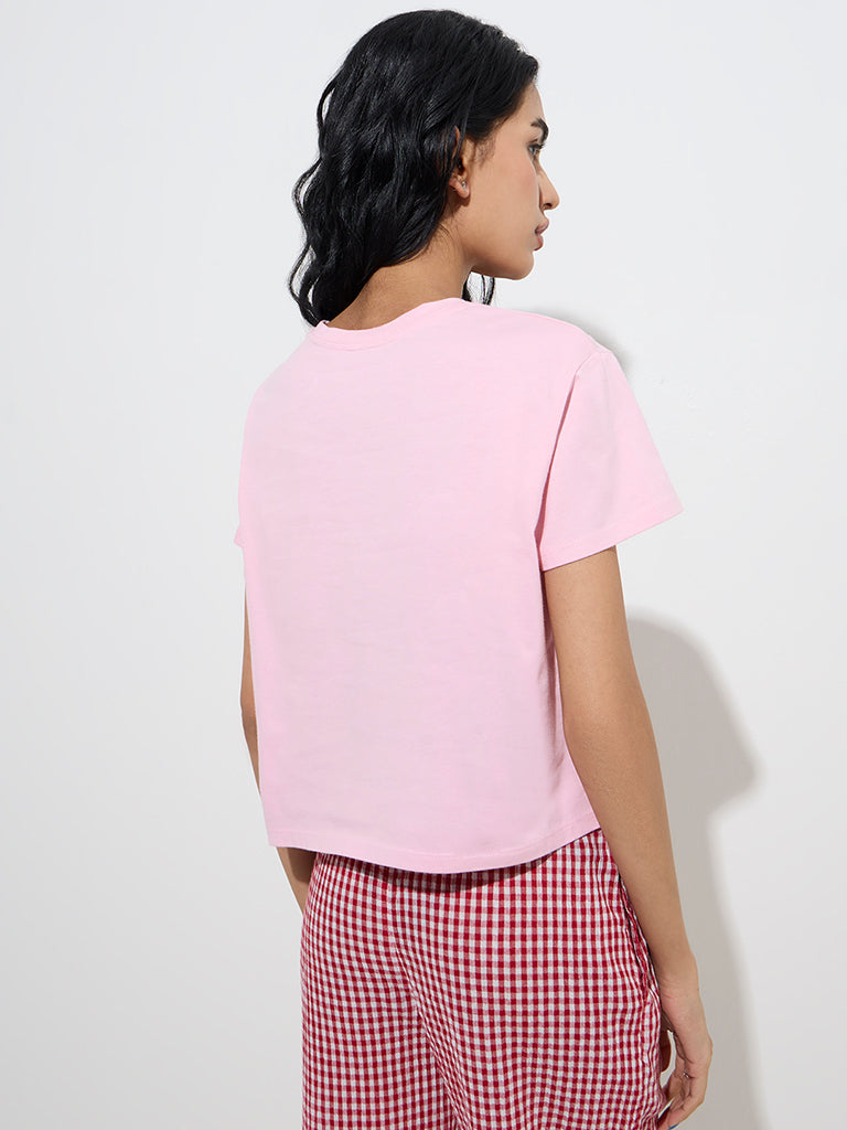 Westside Superstar Women's Pink Strawberry Printed Cotton T-Shirt for Casual Wear Back View