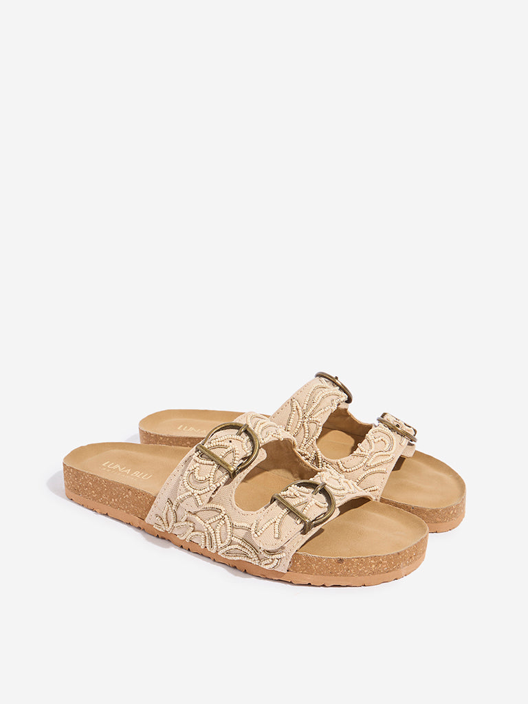 LUNA BLU Ivory Embellished Dual-Strap Slip-On Sandals