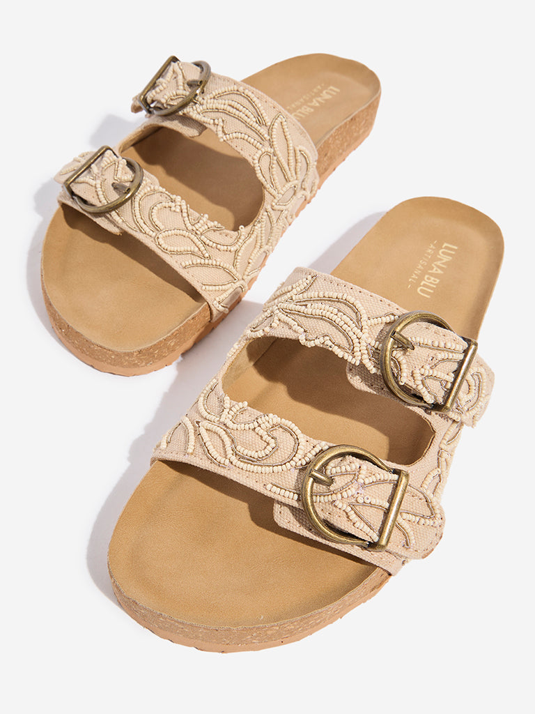 LUNA BLU Ivory Embellished Dual-Strap Slip-On Sandals