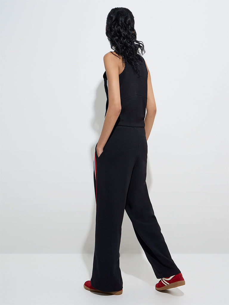 Westside Studiofit Women's Black Striped High-Rise Cotton-Blend Track Pants for Sports Wear Back View