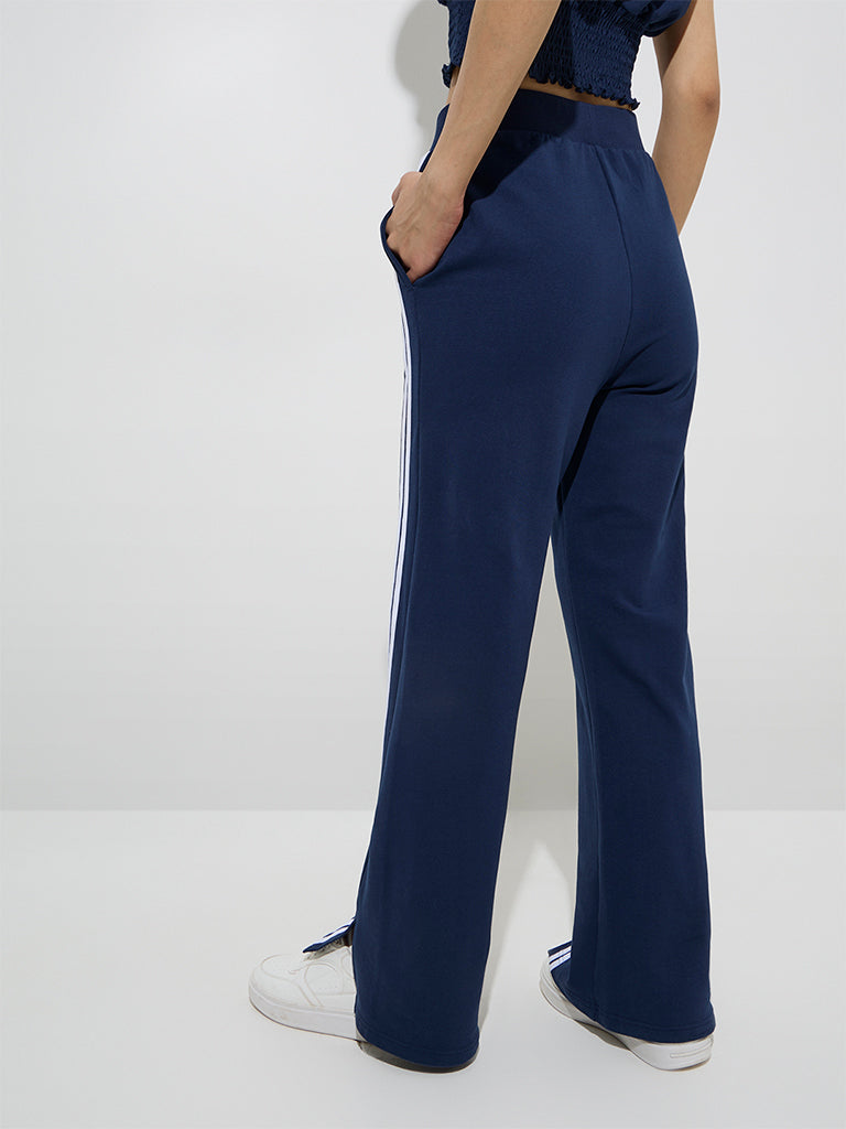 Westside Studiofit Women's Navy Striped High-Rise Cotton-Blend Track Pants for Sports Wear Back View