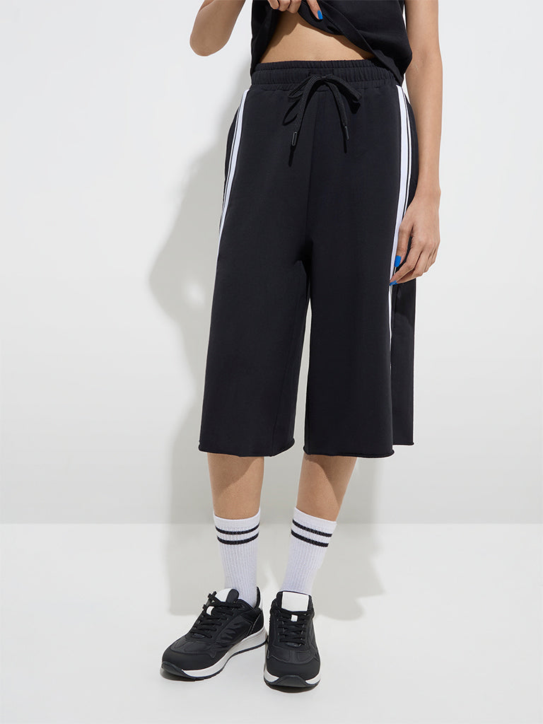 Westside Studiofit Women's Black Stripe Detailed High-Rise Jorts for Sports Wear Front View