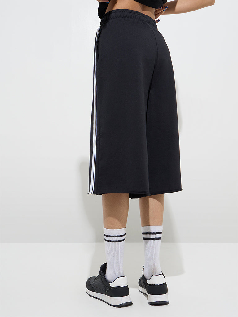 Westside Studiofit Women's Black Stripe Detailed High-Rise Jorts for Sports Wear Back View