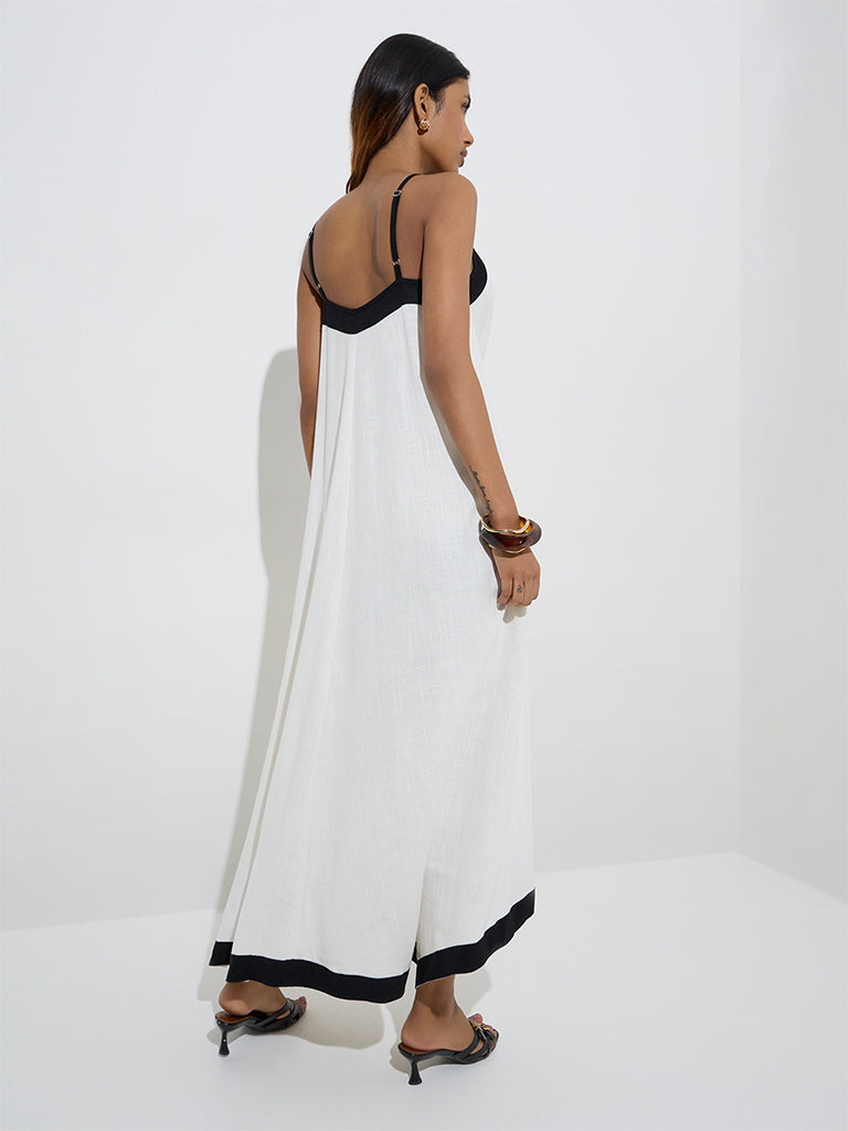 Westside LOV Women's White Contrast-Detailed Linen-Blend Asymmetrical Dress for Casual Wear Back View