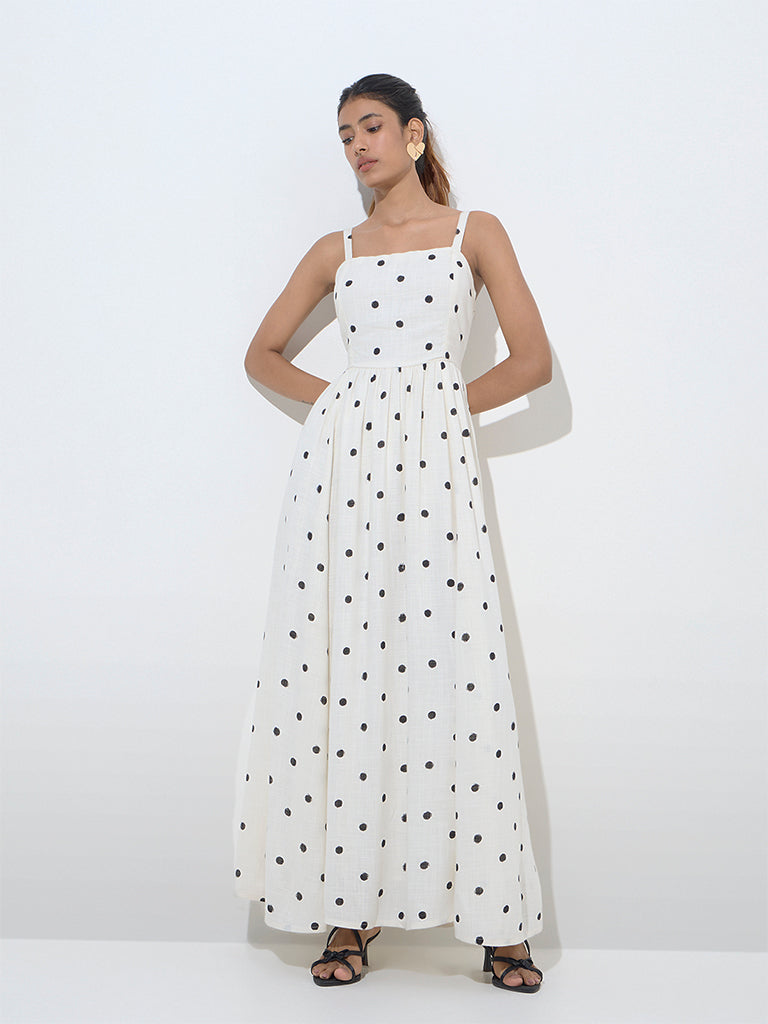 Westside LOV Women's White Polka Dotted Linen-Blend Maxi Dress for Casual Wear Front View