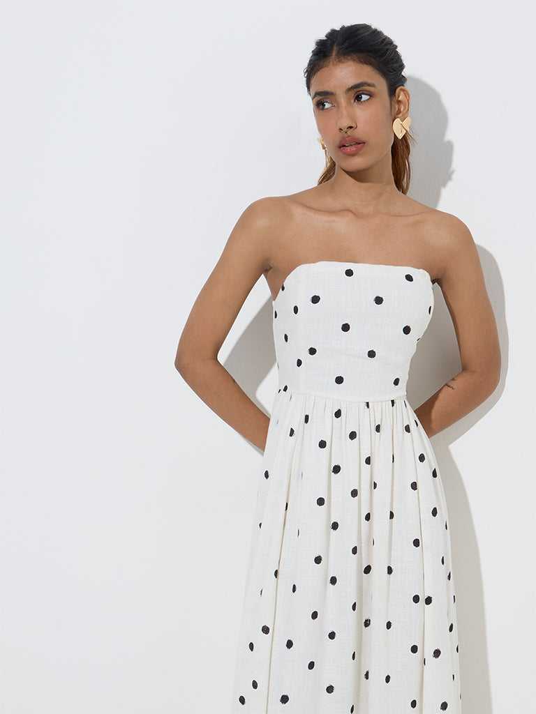 Westside LOV Women's White Polka Dotted Linen-Blend Maxi Dress for Casual Wear Zoomed View