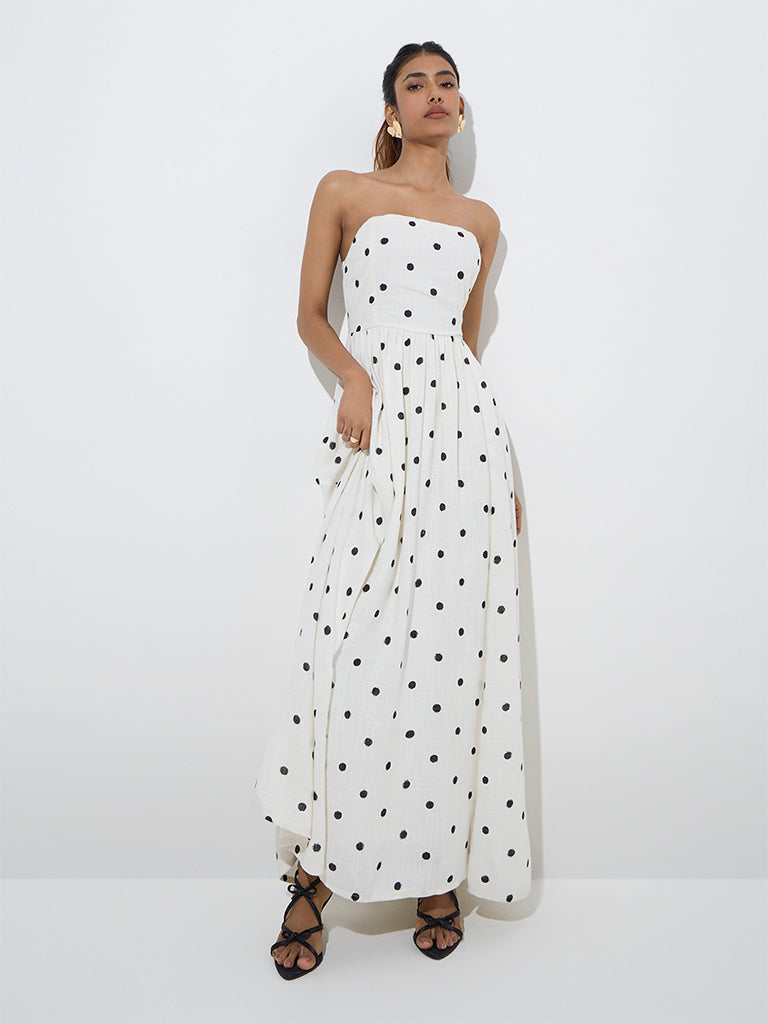 Westside LOV Women's White Polka Dotted Linen-Blend Maxi Dress for Casual Wear Full View