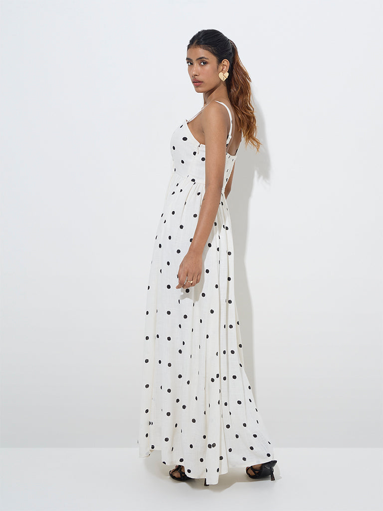 Westside LOV Women's White Polka Dotted Linen-Blend Maxi Dress for Casual Wear Back View