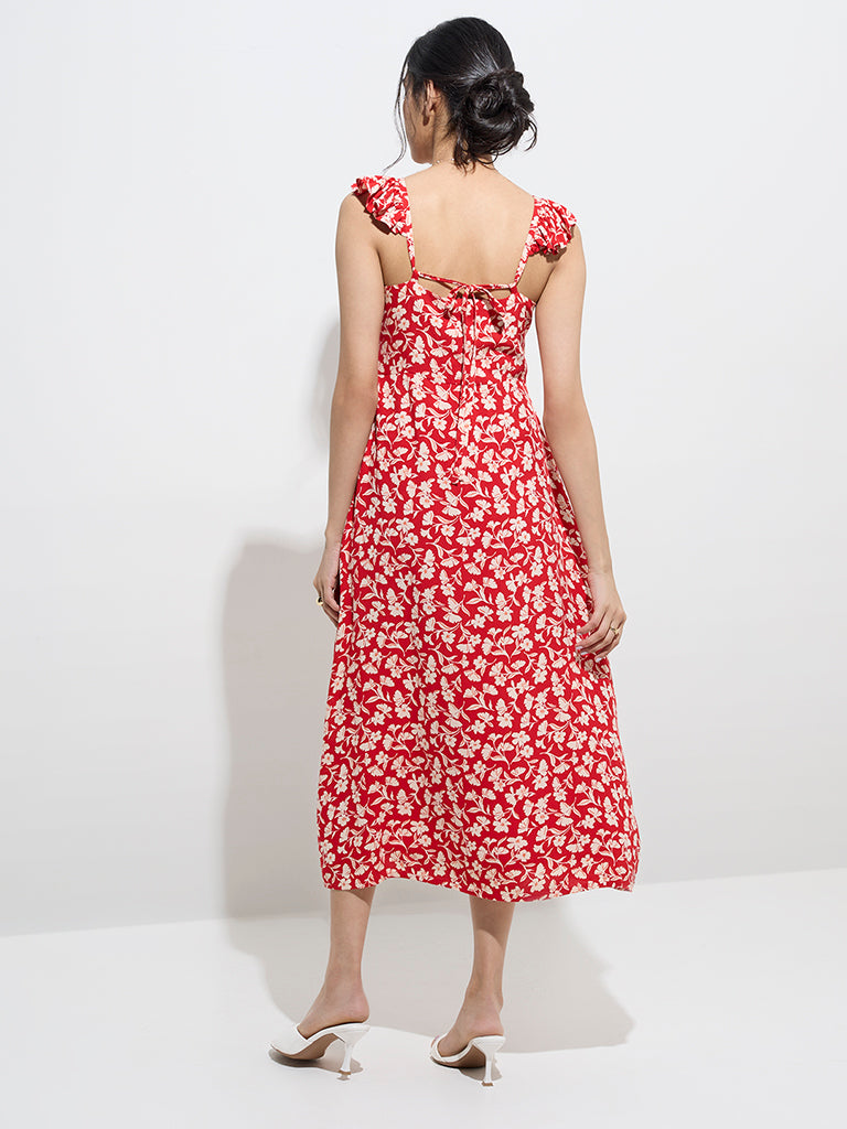 Westside LOV Women's Red Floral Printed A-Line Dress for Casual Wear Back View