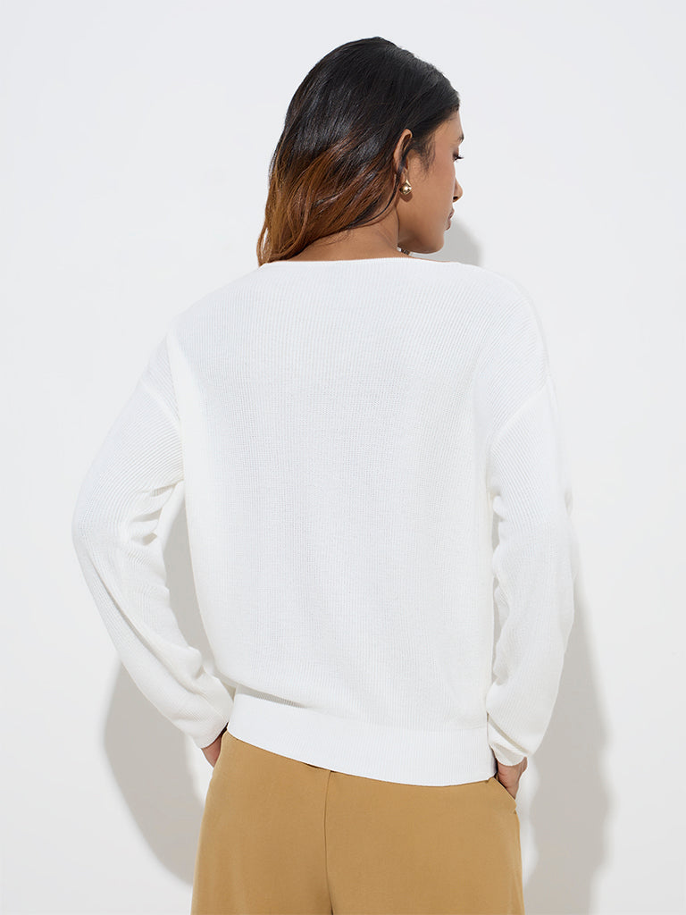Westside LOV Women's White Ribbed-Textured Sweater for Winter Wear Back View