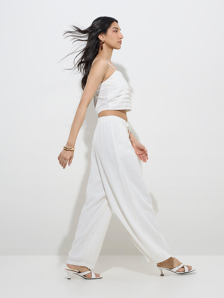 Westside LOV Women's White Linen-Blend High-Rise Pants for Casual Wear Full View